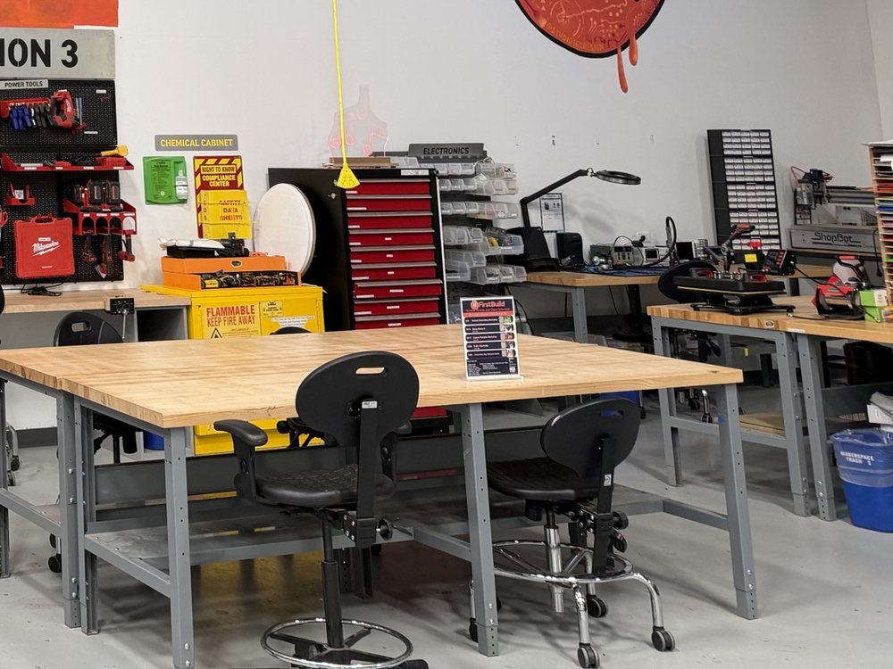 Workbenches and machines in the FirstBuild Stamford makerspace